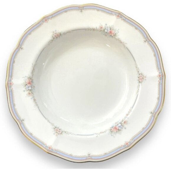 Mikasa ROMANTIC GARDEN Bone China 4 Rimmed Soup Bowls Floral Pink Blue Excellent - Picture 1 of 6